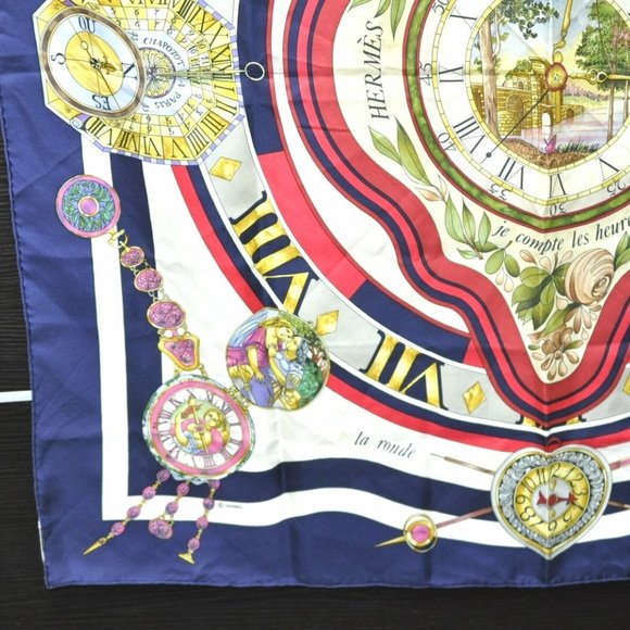 HERMES Carre 90 Scarf "parmi les fleurs je compte les heures" Silk Navy - Picture 9 of 13